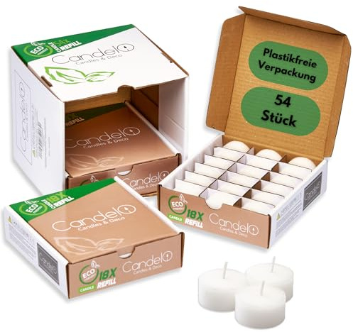 Candelo 54er Set Teelichter Wachsrohlinge ohne Hülle - Nachfüllwachs Kerzen Vorrats Packung - 6 Std Brenndauer - ohne Duft - Plastikfrei - rußfrei