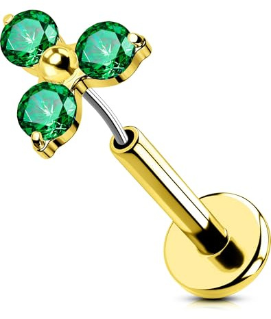OUFER Or Threadless Earring Acier Chirurgical 316L Helix Anneaux 16G Piercing Oreille Cartilage CZ Vert Piercing Conch 8 mm Lip Stud pour Femme Anneau Tragus