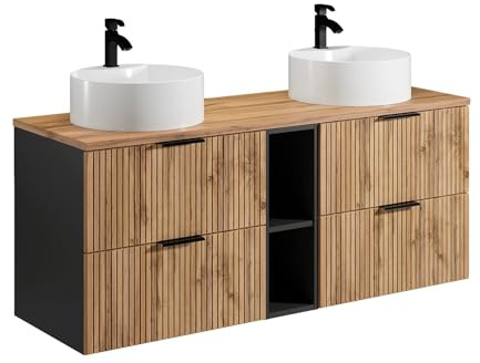 Vente-unique-Mobile per bagno sospeso scanalature nicchie lavabo doppio da appoggio tondo L140cm le chiaro - MADELA