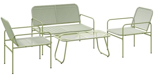 Outsunny Set di Mobili da Giardino in Rattan 4 Pezzi, Salotto da Esterno con Divanetto 2 Posti, 2 Poltrone, Tavolino da Caffè in Vetro, Set Giardino Esterno in Acciaio per Terrazzo e Balcone, Verde