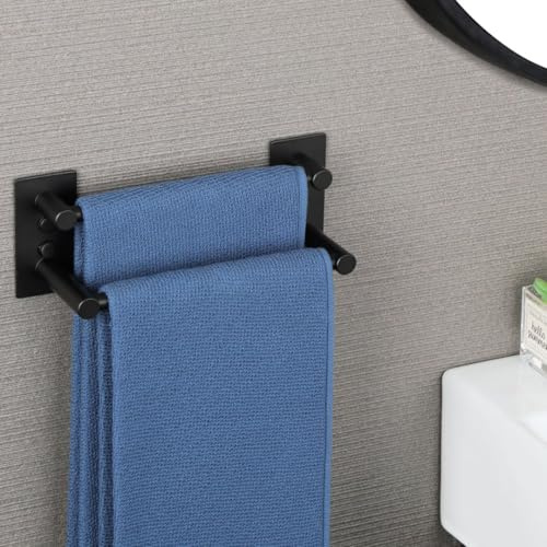 Mooche Toallero negro montado en la pared, soporte autoadhesivo para toallas de 20 cm, barra doble de acero inoxidable antioxidante para baño, cocina y ducha (múltiples métodos de instalación) (negro