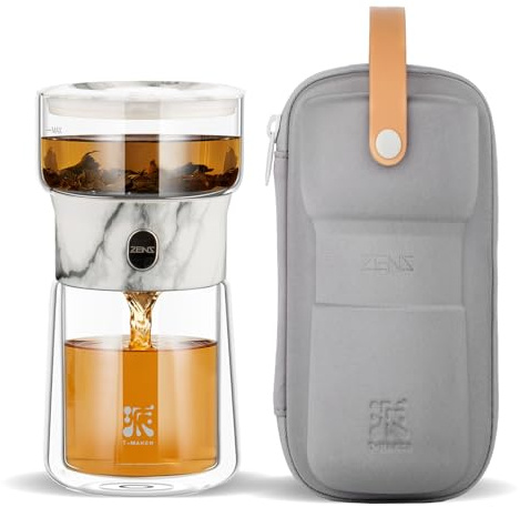ZENS Small Tea Infuser Teapot, One Touch Magic Teapot for Loose Tea | Modern Solo Tea Infuser for Loose Tea with 200ml Insulated Mug and Portable Bag for Tea Lovers Gifts, Marble