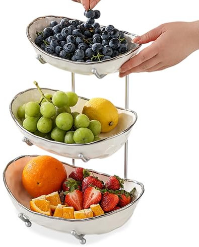 Målick Alzata per frutta a 3 ripiani, in ceramica, moderna, per frutta e cucina, moderna (ceramica/argento)