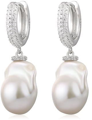 YAMI Damen Perlen Ohrringe Anhänger, Weiß/Lila Barock Perlenohrringe, Süßwasserperlen Ohrringe, mit 925 Sterlingsilber und Kristall Zirkonia Ohrhaken, 38 x 15 mm, Geschenk für Damen, für Jeden Anlass