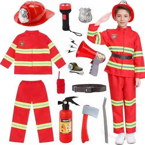 XM-mengpanwei Disfraz Bombero Niño, Disfraz de Bombero Juego de Rol,con Tops Pantalones Cascos Juguetes Accesorios para Disfraces Halloween Carnaval Cosplay Niños Niñas 2 3 4 5 6 7 8 Años