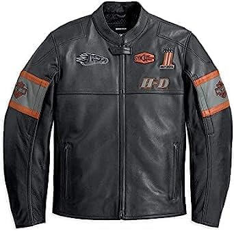 Jorde Calf Giacca da uomo in pelle stile H-D | Giacca da motociclista Cruiser con toppe | Giacca da moto in vera pelle bovina (3XS-5XL), nero, Medium