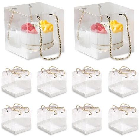 DYHNQE 10Pcs Clear Cake Box, 5.5Inch Clear Plastic Cakes Box Transparent Cake Boxes Square Plastic Baking Boxes with Handle and Base for Cakes Present in Wedding Birthday Party