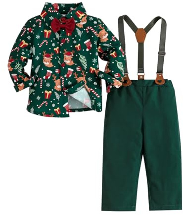 Kunyeah Abito natalizio da bambino per neonati Camicia a maniche lunghe con papillon e bretelle Pantaloni abito per bambini dai 9 mesi ai 6 anni