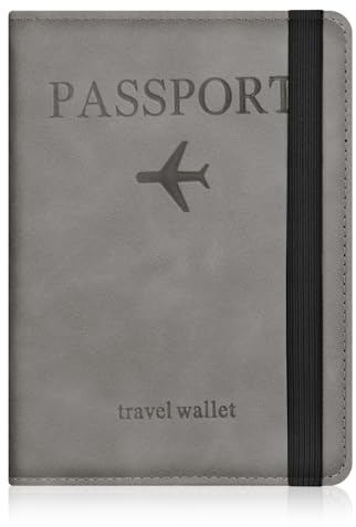 AOOSU Custodia per Passaporto, Custodie Porta Passaporto con Blocco RFID, Custodia Passaportos in Pelle PU per Carte d'Identità Carte di Credito, Biglietti Aerei, Passaportos Pass (Grigio)