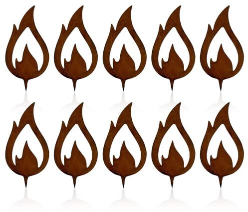 PIujsym Metall Flammen Rost 10er Set 10 cm - Gartendeko Flammenstecker für Adventskranz, Gestecke und Holzstämme, Rost Deko Weihnachten wetterfest - Weihnachtsdeko Garten & Weihnachtsdeko draußen