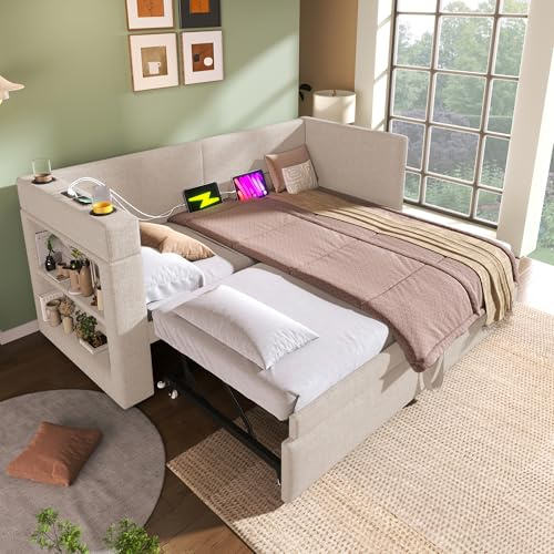 ZIDEY Polsterbett Ausziehbar Schlafsofa 90/180x200 mit USB- & Type-C-Ladeanschluss, Tagesbett Ausziehbett mit Lattenrost, Sofabett Funktionsbett Daybett, ohne Matratze, Beige