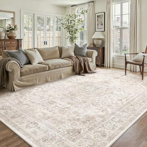 PureCozy Waschbarer Beige Teppich Wohnzimmer 160x230cm Vintage Tepich | Weich Kurzflor Groß Carpet, Rutschfest, Leicht, Schlafzimmer, Esszimmer, Büro, Kinderzimmer