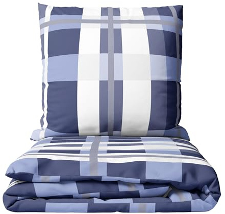 Leonado Vicenti Biber Bettwäsche Set 200x220 cm + 2X(80x80 cm) Kissenbezug Gestreift Kariert Blau Weiß Lila Kuschelig Warm Winter Reißverschluss (Blau, 200 x 220 cm)