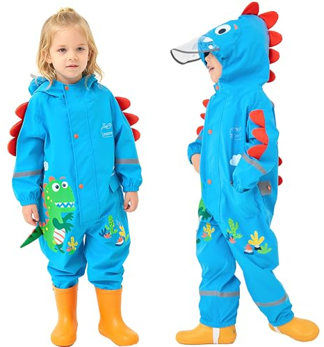 Fewlby Toddler Boys Rain Suit Lightweight Waterproof Coveralls Cartoon Dragon Hoodie Rain Jacket 6-8 years XL Size