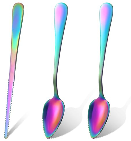 Grapefruit Spoon, 3-Piece Set, 2 Grapefruit Spoons Stainless Steel with Serrated Edge and 1 Grapefruit Knife, Kiwi Spoon, Orange Peeler, Fruit Spoon (Bright Colours)