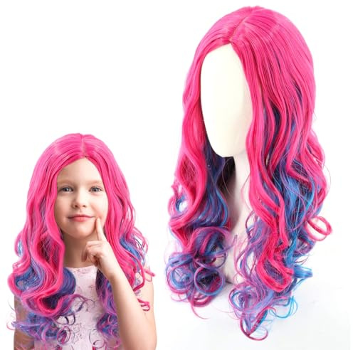 LjFrexia Rosa Lila Lang Lockige Perücke, Perücke für Kinder Mädchen, Rosa-Blau Cospaly Kostüm Perücken, Lila Ombre Prinzessin Perücken, für Cosplay, Karneval, Halloween Kostüm Party (70 cm)