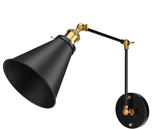 Qcwwy Lámpara de Pared Industrial Vintage con Brazo Oscilante, Aplique de Hierro de Cobre Negro, Lámpara Giratoria Ajustable para Sala de Estar, Estudio y Cafetería, Base E27