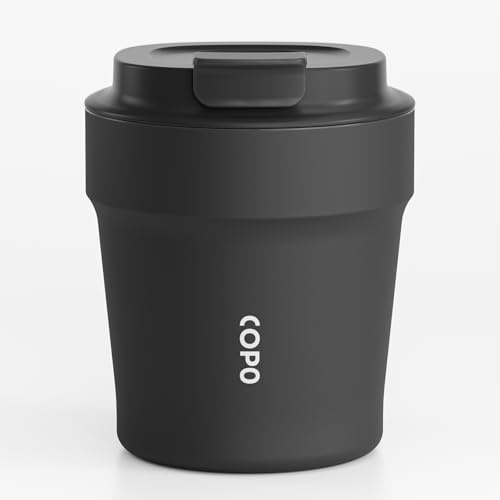 Travel Mug with Ceramic Coating, Insulated Coffee Cup for Hot Drink, Reusable Thermal Cup 240 ml/8oz, Leak Proof Coffee Flask, Stainless Steel Coffee Travel Mug with Lid for Home Office School (Black)