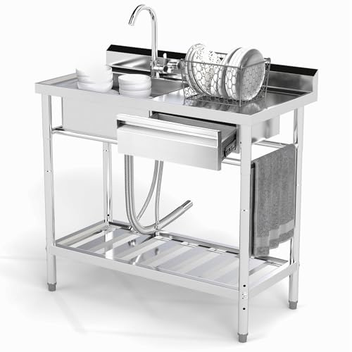 Trintion Freistehende Edelstahl Spültisch, 1 Becken mit Rechte Schublade, Gewerbliche Spülbecken mit Wasserhahn,Kalt und Warmwasserschläuchen,für Waschküche,Bauernhaus, Innen- und Außenspüle (39 Zoll)