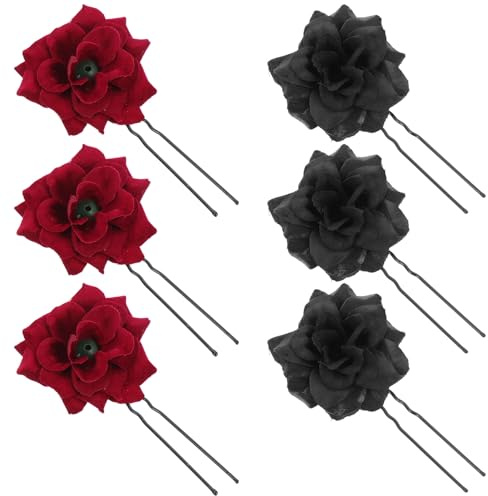 TOYZFRIENDY Lot de 6 Épingles à Cheveux de Fleur Rose en Velours Fourche à Cheveux U pour Femme Bâtonnet à Chignon Noir et Rouge Foncé Accessoires Coiffure Mariage et Fête