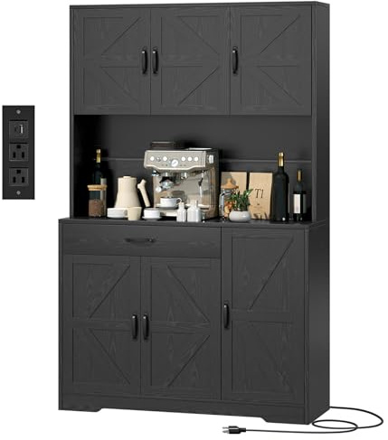 GRUSIGN 71 Pantry Cabinet with Charging Station, Large Capacity Kitchen Hutch Storage Cabinet, Kitchen Cabinet with Microwave Stand, Storage Drawers & Adjustable Shelves for Dining Room, Black