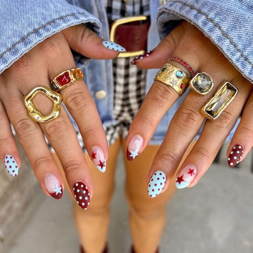 24 Stück French Mandel Künstliche Fingernägel mit Blau Rot Polka Dot, Full Cover Nägel Zum Aufkleben, Frazösisch Fake Nails, Falsche Nägel Einfache Anwendung für Frauen Maniküre(Blau Rot Polka Dot)