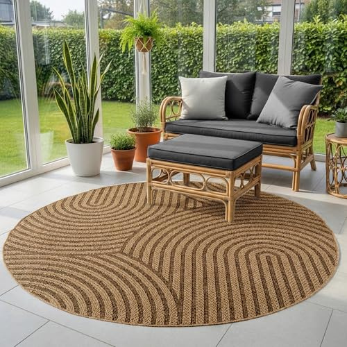 SIMPEX Outdoor Teppich Rund 80 cm Wetterfest Pflegeleicht Jute Natur Optik Skandinavisches Boho Design für Balkon Küche Flur Indoor Outdoor