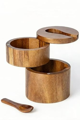 Tarro de sal y especias de madera de acacia, una útil solución de almacenamiento para la cocina, con tapa giratoria, salero madera，soporte para cucharas incorporado y múltiples compartimentos, adecuad