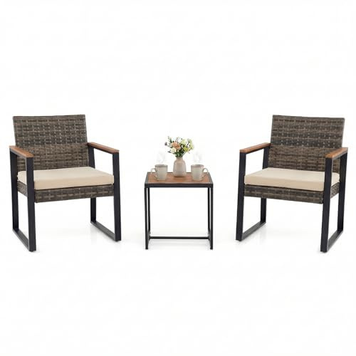 COSTWAY Salon de Jardin Extérieur 2 Personne en Rotin PE Acier (Noir+Beige) | Ensemble de Meubles de Jardin 2 Fauteuils et Table Basse à Plateau en Bois Composite, pour Balcon, Terrasse, Patio