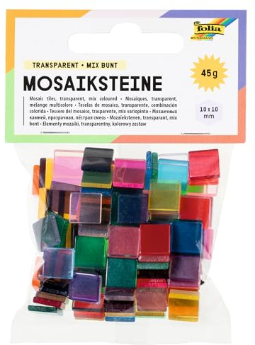 folia 57209 - Mosaiksteine transparent, aus hochwertigem Kunstharz, 10 x 10 mm, 190 Stück sortiert in 20 Farben, glatt und transparent