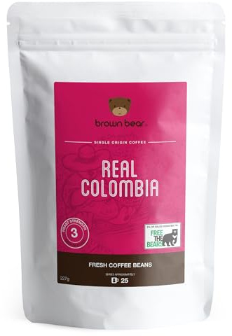Colombian Coffee Beans 227g - Medium Roast - for All Coffee Machines - Brown Bear Colombia Arabica Coffee - Strength 3 - Donation to Free The Bears - Columbia