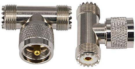 Boobrie UHF Triple T Shape Adapter UHF PL-259 Male Plug to Dual UHF Female SO239 Jack 3 Way UHF Splitter RF Coax Connector for CB Ham Radio/Antenna/Broadcast/Scanner/WiFi Pack of 2