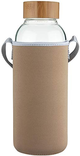 Ferexer 1.5 Liter Sport Borosilikat Trinkflasche Glas Wasserflasche mit Bambus Deckel mit Neoprenhülle 1500 ml / 1.5 L