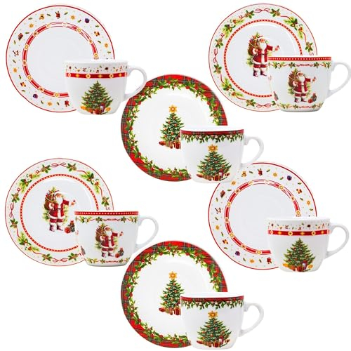 NAMAI - Set 6 Tazzine Caffe Natalizie Con Piattino, Adatte in Lavastoviglie e Microonde, Porcellana Resistente, Eleganza Natalizia, Idea Regalo, Tazzine Caffe Particolari