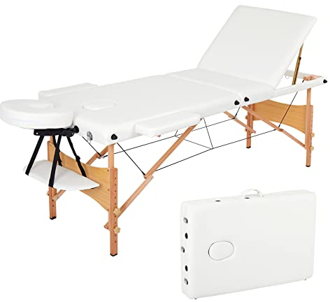 Mondeer Mobile Massageliege, Klappbare Therapieliege, Tragbares Massagebett, Leichter Massagetisch, 3 Zonen mit Höhenverstellbaren Holzfüße (Weiß)