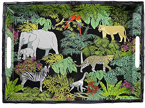 Les Jardins de la Comtesse - Grand Plateau Rectangulaire en Mélamine Pure Noir/Vert - Grand Plateau de Service à poignées du Service de Table Jungle - Collection Vaisselle MelARTmine - 50 cm