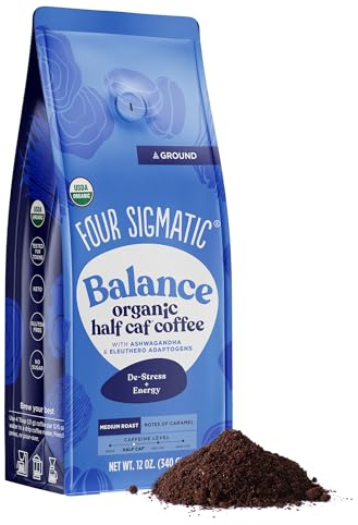 Four Sigmatic Organic Balance Adaptogen Ground Coffee | Medium Roast USDA Organic, Fair Trade Coffee with Ashwagandha, Chaga Mushroom, Eleuthero and Tulsi | Focus and Energy Boosting Coffee | 12oz Bag