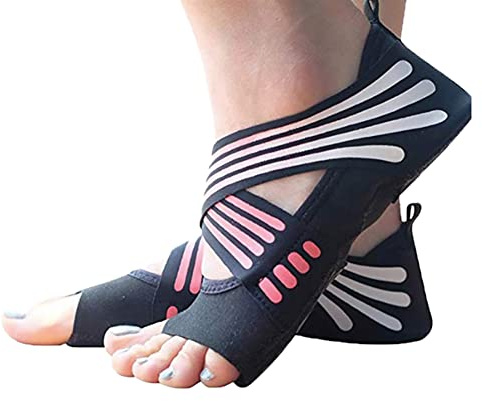 ABIRAM - Calcetines de yoga sin dedos antideslizantes con tiras para mujer, pilates, barre, ballet y bikram.
