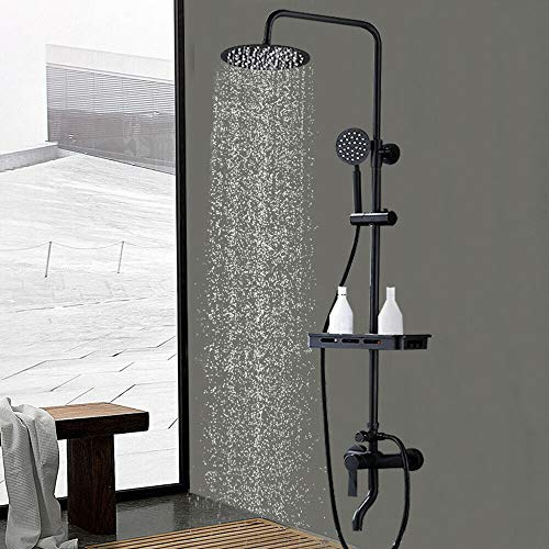 Duschsystem 8 Zoll Retro Duschset Edelstahl Duschsäule mit Regal und Handbrause Messing für Dusche, Bad, Schwarz
