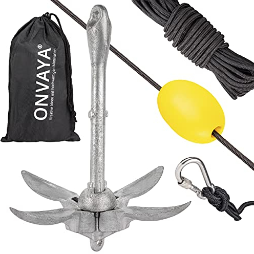 ONVAYA® Bootsanker | 1,5 kg | Klappanker | Set inklusive Ankerleine mit Karabiner, Ankerboje und Transportbeutel | Faltanker | Anker für Boot, Schlauchboot, SUP, Kajak, Kanu