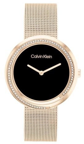 Calvin Klein analog kvartsur för kvinnor med nejlika guldfärgat rostfritt stål nätarmband - 25200151, Svart, armband