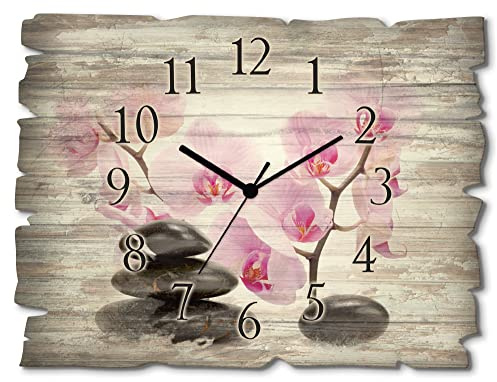 ARTLAND Wanddeko Wanduhr ohne Tickgeräusche aus Holz Funk Uhr lautlos Rechteckig 40x30 cm Wellness Spa Zen Innere Ruhe Steine Blumen Orchidee Vintage T6BI