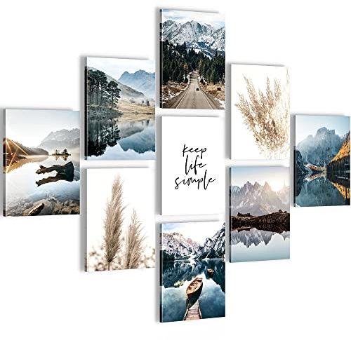 Novart Wandbilder Natur - KOMPLETT AUFHÄNGFERTIG - See Berge Wohnzimmer Schlafzimmer- 9 Moderne Bilder Set - N024891a