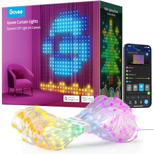 Govee Curtain Lights, 520 RGBIC Smart LED Lighting Outdoor, Dynamic DIY, IP65 Waterproof, Colour Changing Curtain Lights for Backdrop Bedroom, Christmas Decorations (1.5×2m)