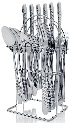 Gilded Silverware Set, 24 Piece Cutlery Set with Holder, Service for 6, Mirror Polished Tableware Set for Home Kitchen (Silvery)