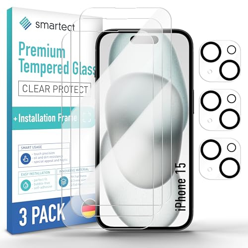 smartect Vetro Temperato 3 + 3 Pezzi per iPhone 15 | Schermo + Fotocamera, Cornice de Installazione, Pellicola Protettiva HD Anti Graffio, Senza Bolle, 0.3 mm Ultra Trasparente