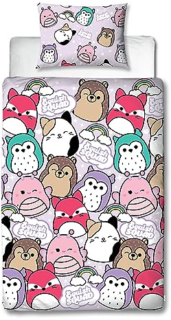 Character World Squishmallows - Set copripiumino singolo in poliestere, design brillante, reversibile, double-face, prodotto ufficiale, con federa coordinata, multicolore