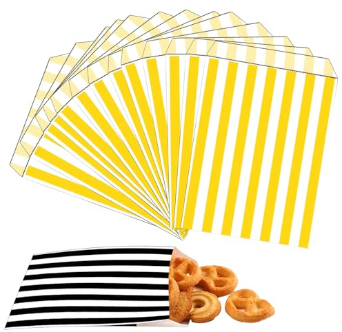 100stk Papiertüten Gelb-Weiß Gestreift Klein Butterbrottüten 13x18cm,Mini Kraftpapiertüten Candy Bar Tüten Geschenktüten Klein Brotpapiertüten Bunt für Kindergeburtstag,Halloween,Weihnachten,Hochzeit