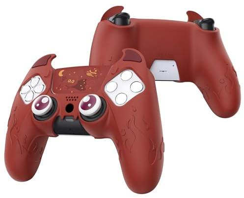 playvital Funda de Silicona para ps5 Mando | Cubierta Protectora, Agarre Antideslizante, Tapas para Joysticks, Pegatina para Touchpad, Diseño Cute Demon, Rojo