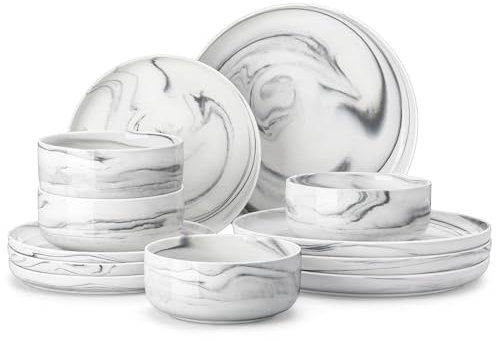 MALACASA Dinner Set for 4, 12 Pieces Porcelain Plates and Bowls Sets Marble Grey Dinnerware Sets Chip Resistant Crockery Set Ceramic Dish Set, Series Luna